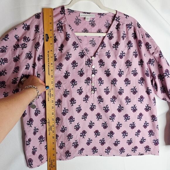 PureJill L Petite Organic Cotton Pink n blue floral Seashell Buttondown blouse - Picture 4 of 14
